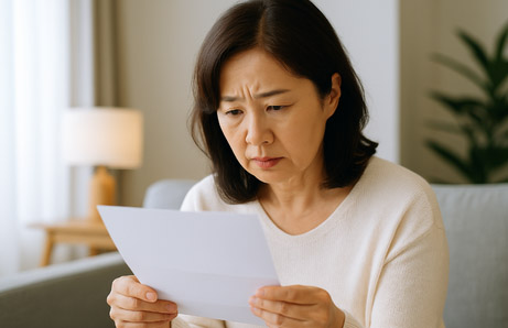 국민연금 과오납 환급 안내문을 확인하고 있는 중년 여성의 모습