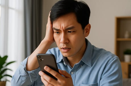 휴대폰 소액결제 피해를 당하고 놀란 남성의 표정