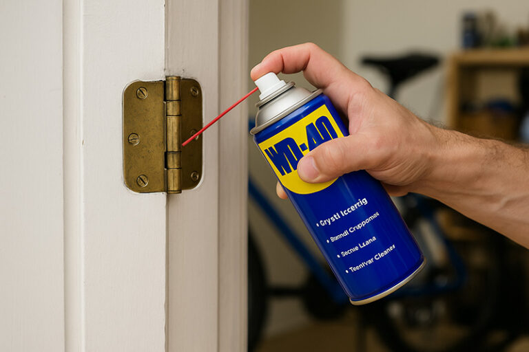 WD-40 윤활제로 금속 경첩 부위를 관리중인 모습