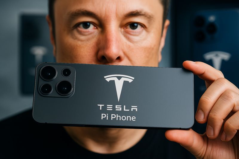 루머가 넘쳐나는 테슬라 파이폰을 들고 있는 남성의 모습