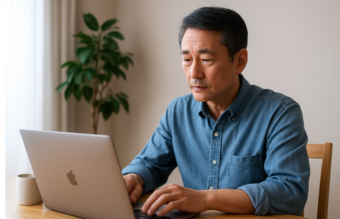 새도약기금 대상자가 다소 심각한 표정으로 채무현황을 조회하고 있는 모습