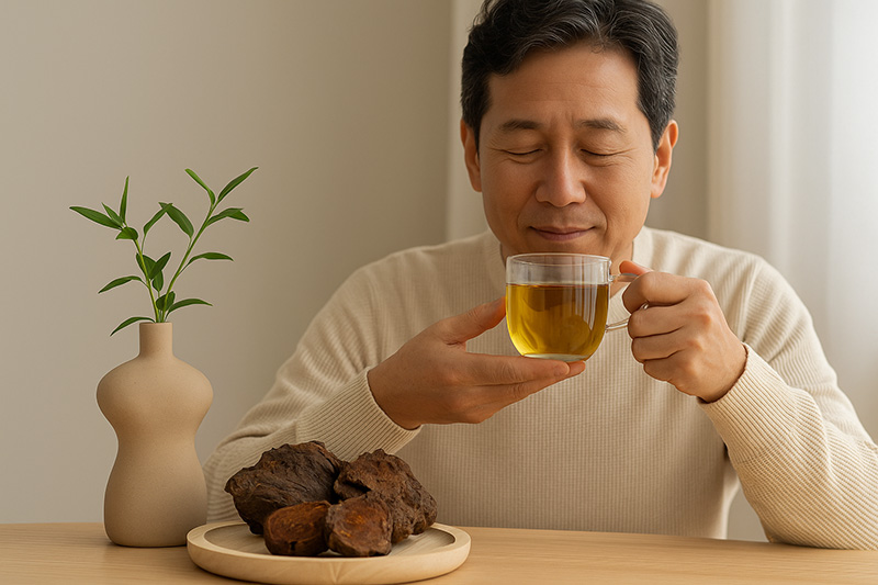 하수오 효능을 기대하며 하수오차를 음용중인 중년의 모습