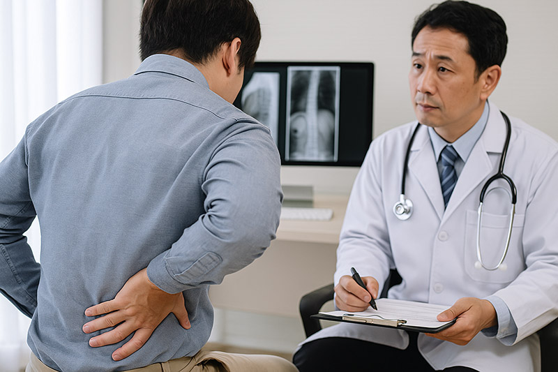 허리통증 원인 파악을 위해 병원에서 진료받고 있는 사람의 모습